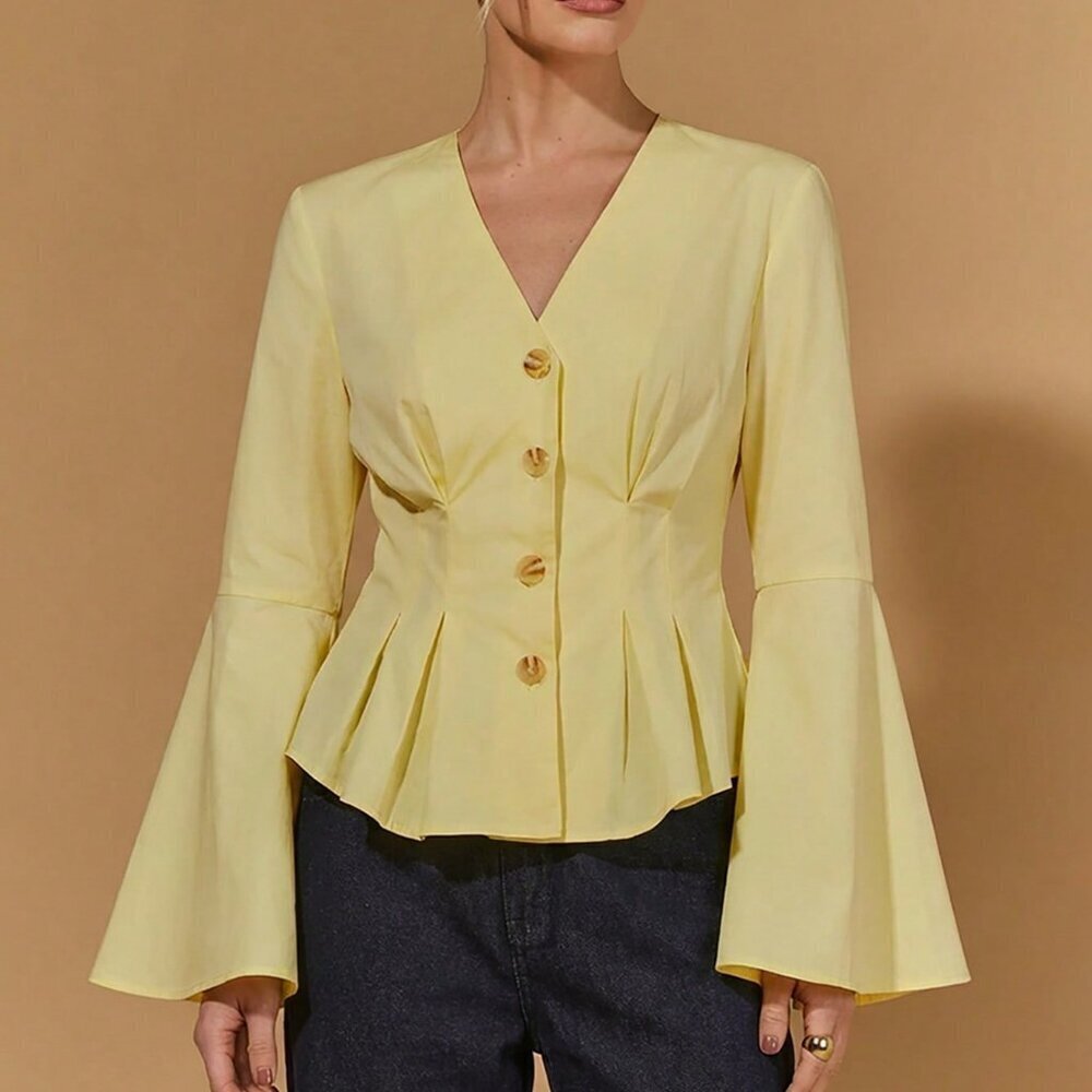 Light Yellow Elegant Women's Deep V-Neck Flare Sleeve Blouse